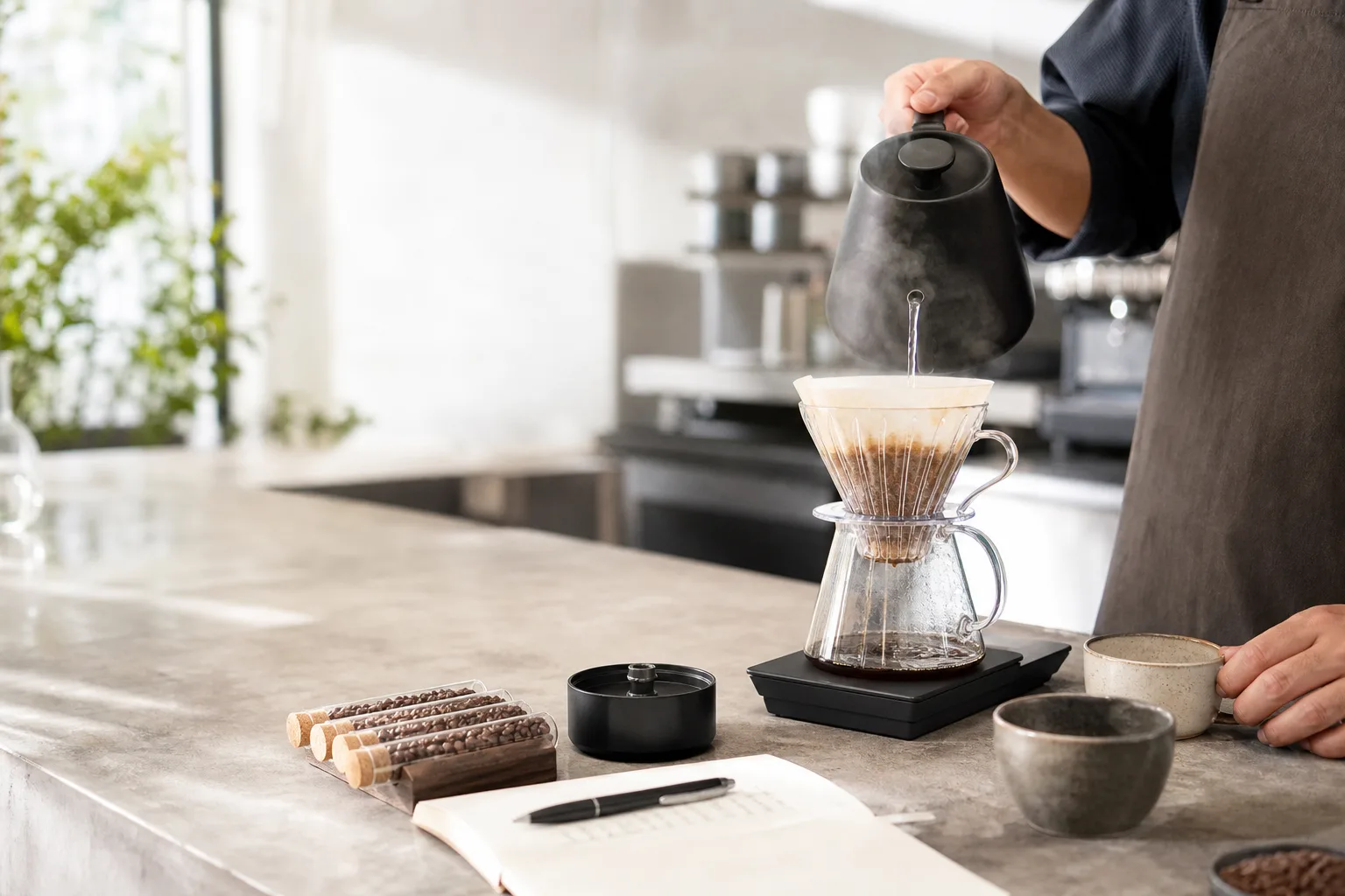 A barista preparing pour-over coffee with a scale, glass dripper, cups, beans, and tasting notes on a bright coffee bar.